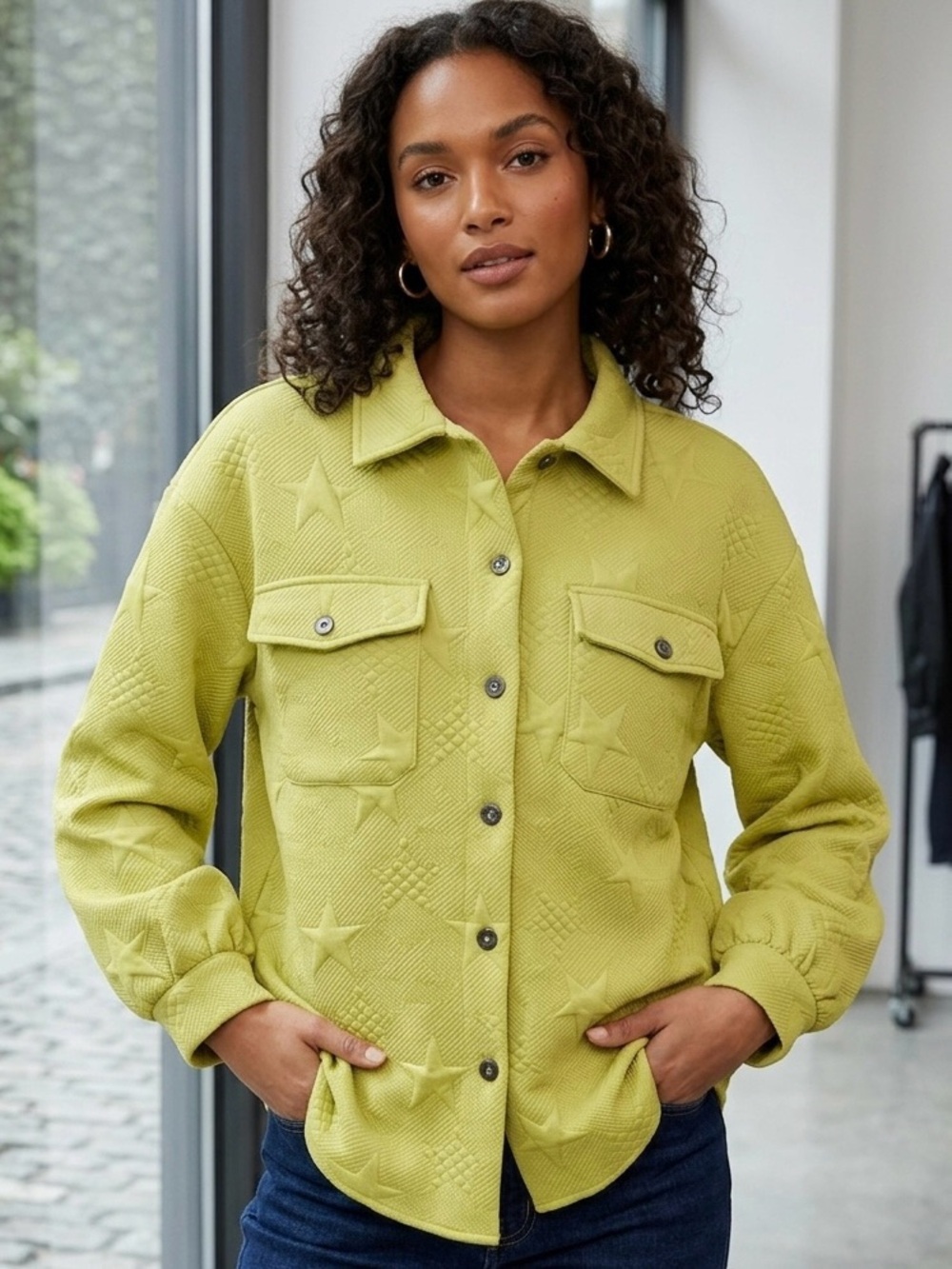 NWOT She + Sky Embossed Star Button Front Shacket in Chartreuse Green Size L